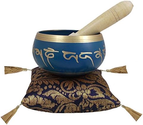 Синя Тибетски Поющая Купа с Диаметър 4 инча, Месинг Будистки Музикален Инструмент С Чук И Възглавница за Подарък
