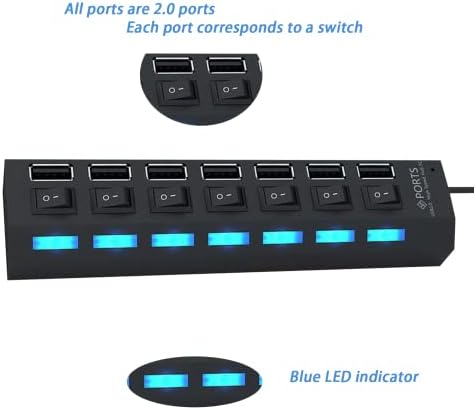 USB сплитер, многопортовый хъб USB 2.0, 7 пристанища с независим ключ за включване/изключване и led индикатор, концентратор