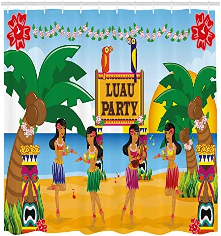 Завеса за душ Ambesonne Tiki Bar, Хавайски парти в стил Luau в Забавен Картун стил, Танцьори на плажа, Традиция,