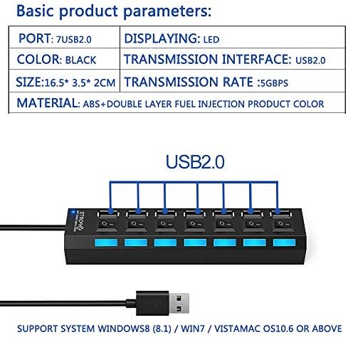 7-портов USB хъб с индивидуални светодиодни изходи за захранване, 7-портов хъб датата на USB2.0 високата скорост