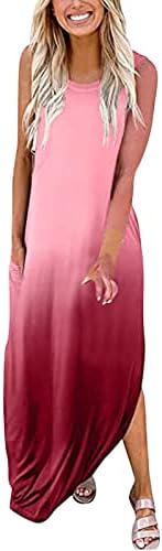 Жена Midi Дълга Рокля На Бретелях Наклон Цвят Без Ръкави, С кръгло деколте И Цепка, Извити Подгъва, Ежедневни Летни